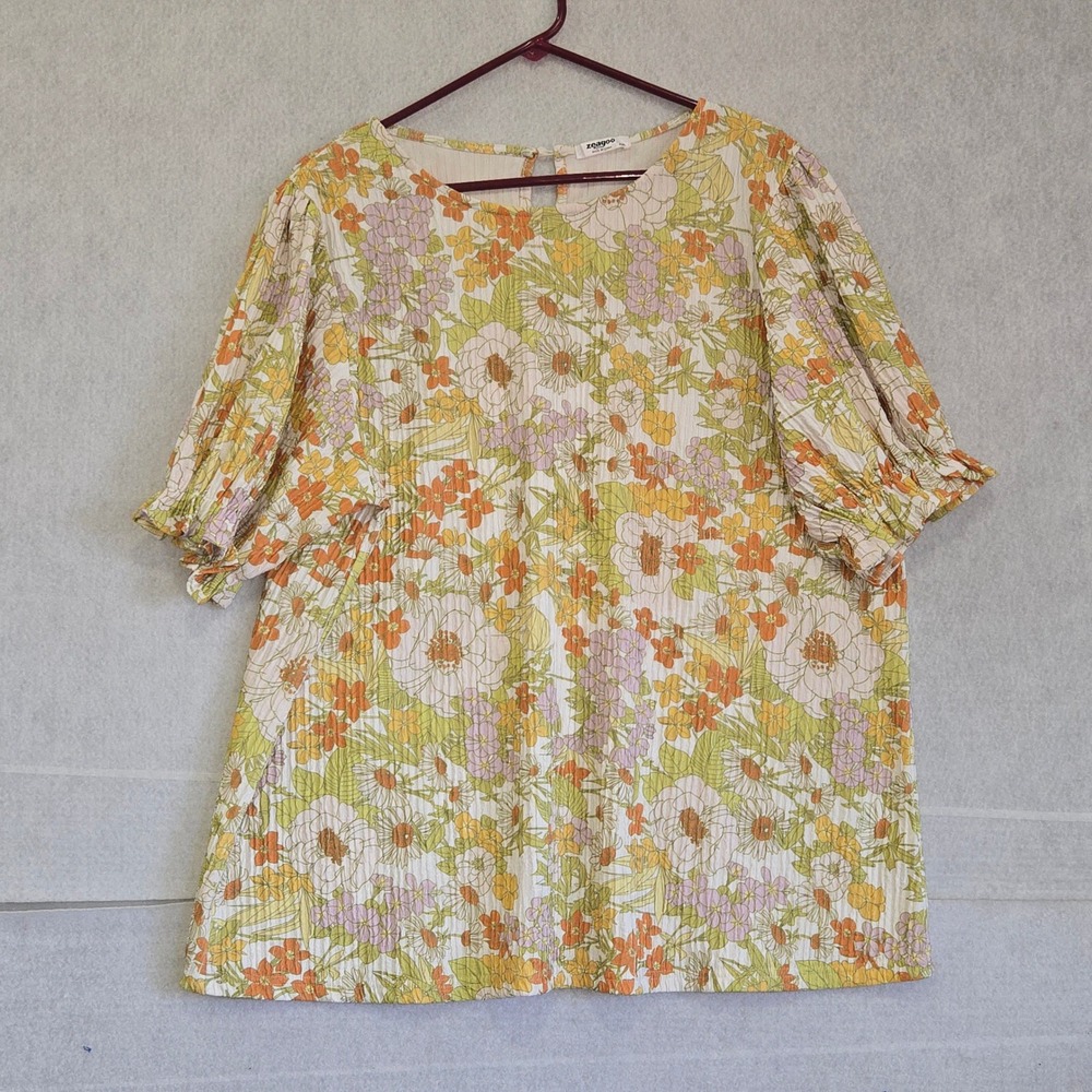 Zeagoo XXL Floral Blouse Puff Sleeve Plisse Textured Top Orange Green Yellow